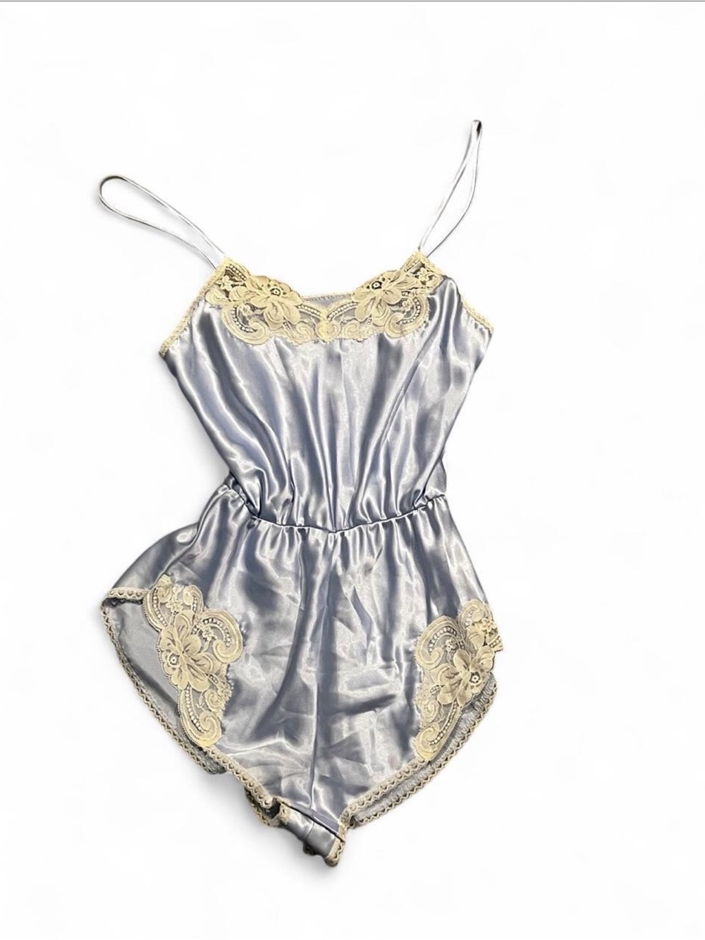 Satin Lace-Trim Chemise Romper in Periwinkle and Cream